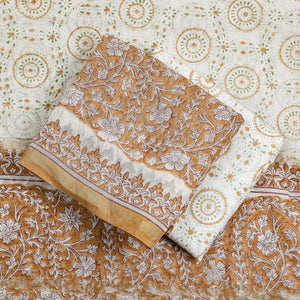 Brown - 3pc Sanganeri Block Printed Chanderi Silk Suit Material Set