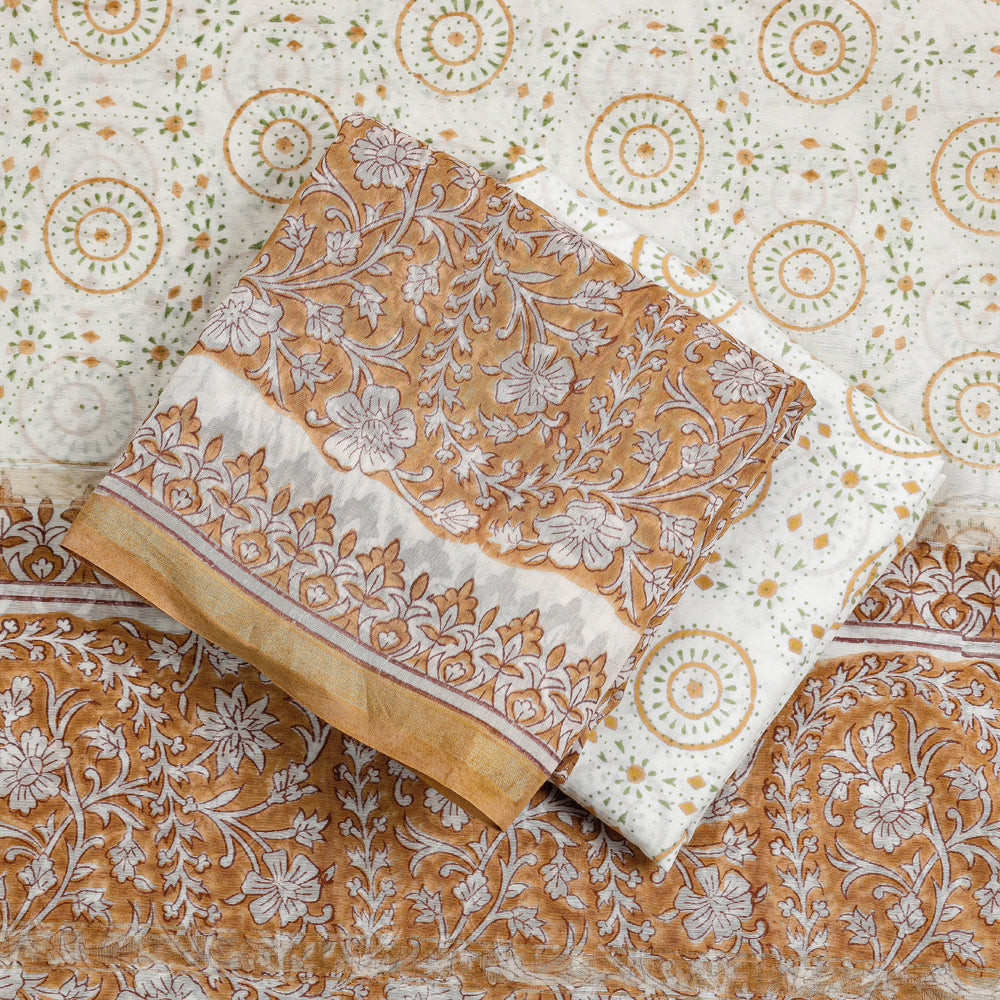Brown - 3pc Sanganeri Block Printed Chanderi Silk Suit Material Set