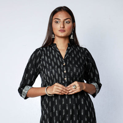 Black - Pochampally Ikat Weave Cotton Long Kurta