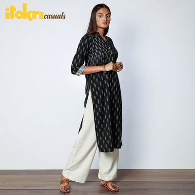 Black - Pochampally Ikat Weave Cotton Long Kurta