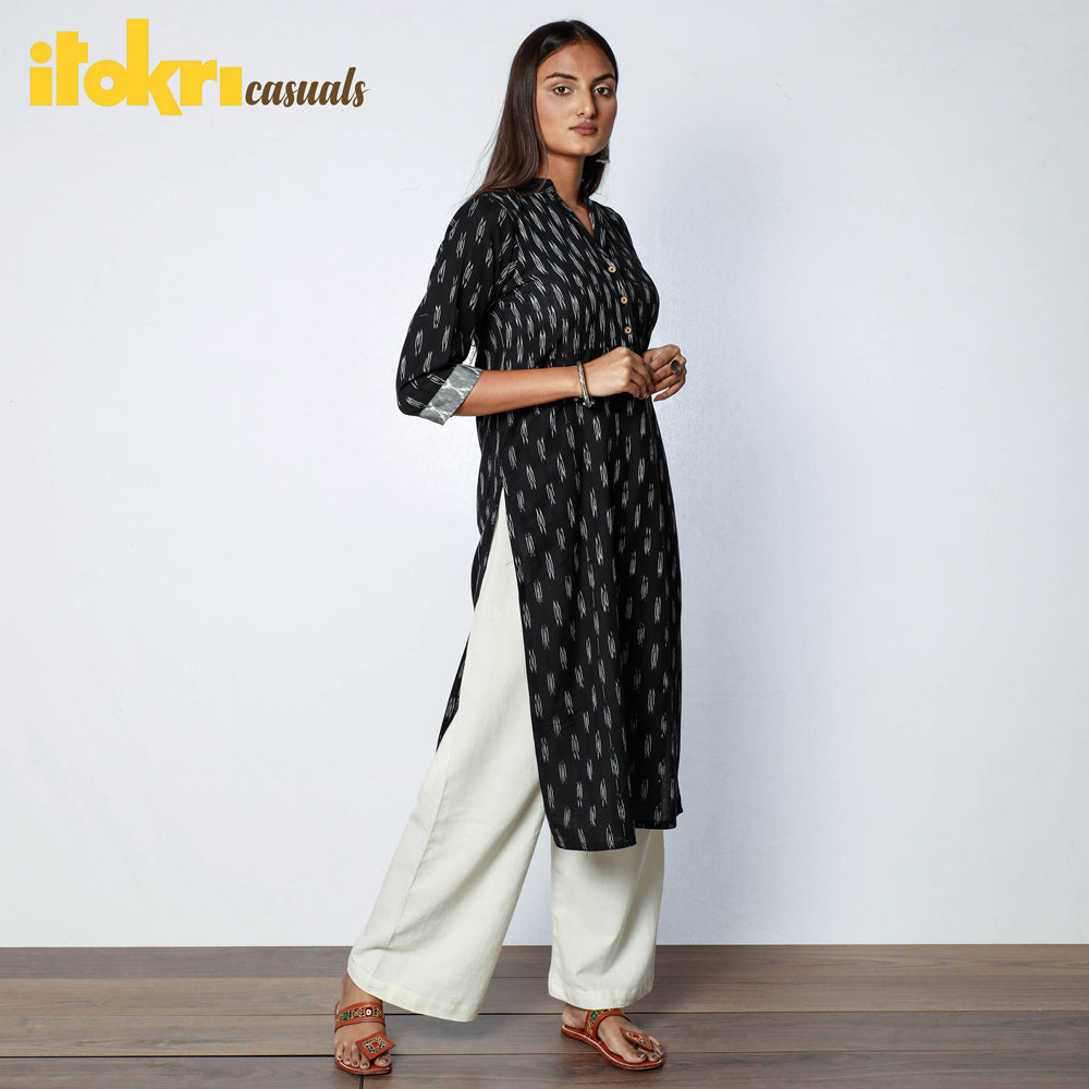 Black - Pochampally Ikat Weave Cotton Long Kurta