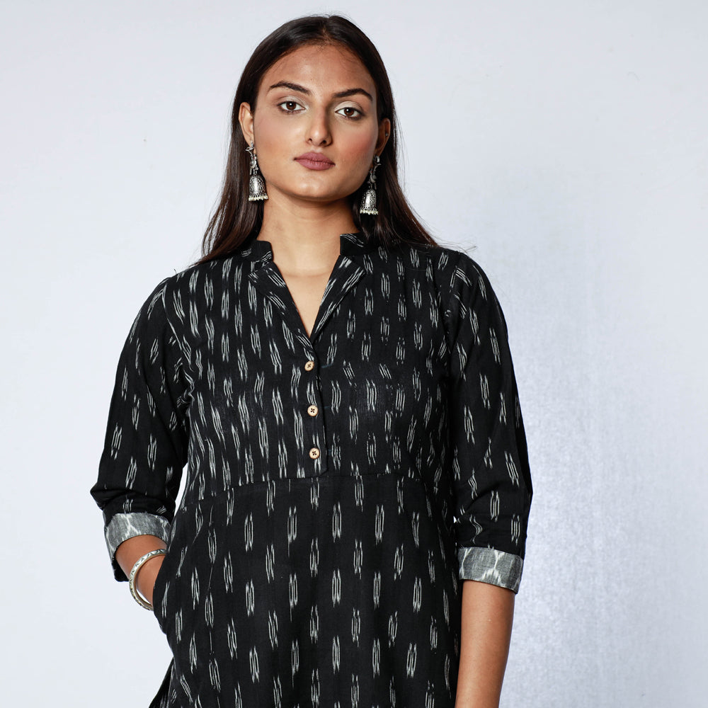 Black - Pochampally Ikat Weave Cotton Long Kurta