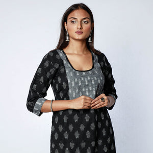 Black - Pochampally Ikat Weave Cotton Long Straight Kurta