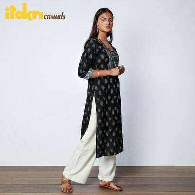 Black - Pochampally Ikat Weave Cotton Long Straight Kurta