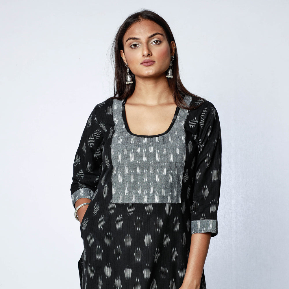 Black - Pochampally Ikat Weave Cotton Long Straight Kurta