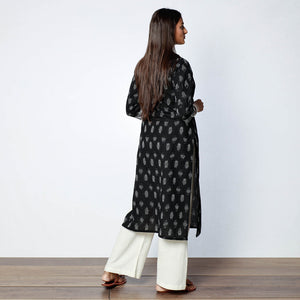 Black - Pochampally Ikat Weave Cotton Long Straight Kurta