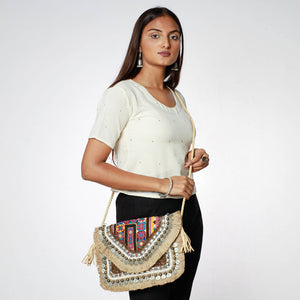 Beige - Banjara Vintage Embroidery Mirror, Bead & Coin Work Sling Bag