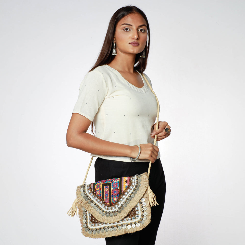 Beige - Banjara Vintage Embroidery Mirror, Bead & Coin Work Sling Bag