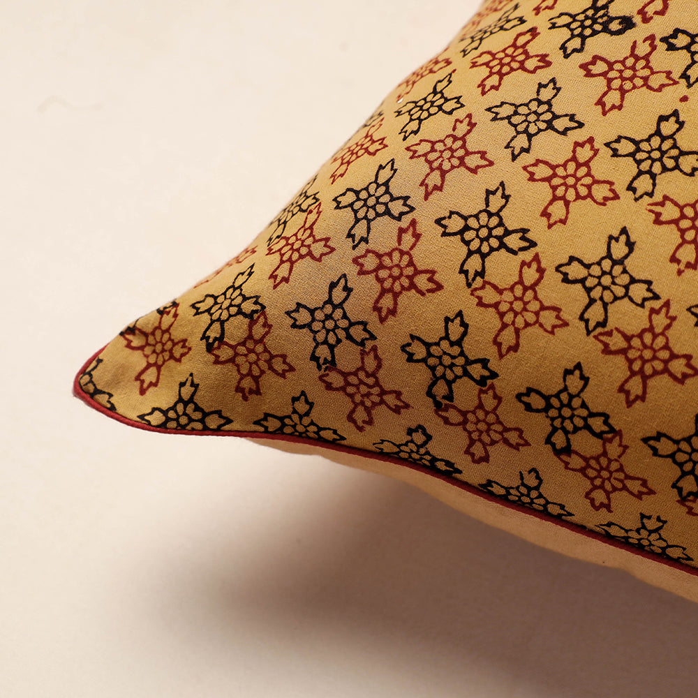Brown - Bagh Block Printed Pure Cotton Cushion Cover (16 x 16 in)