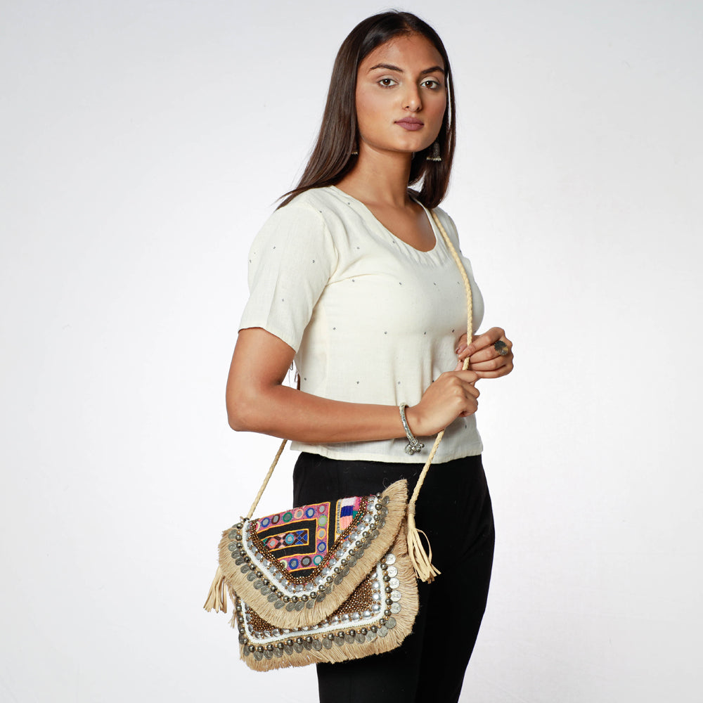 Beige - Banjara Vintage Embroidery Mirror, Bead & Coin Work Sling Bag