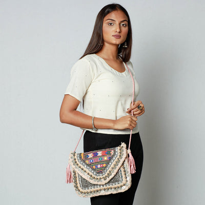 Beige - Banjara Vintage Embroidery Mirror, Bead & Coin Work Sling Bag