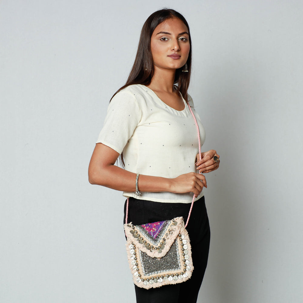 Beige - Banjara Vintage Embroidery Bead & Coin Work Sling Bag