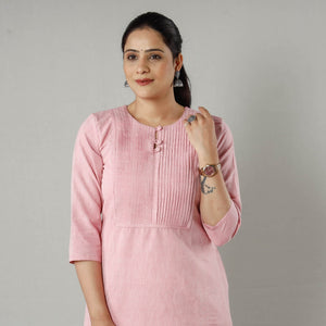 Baby Pink Plain Jhiri Handloom Cotton Pintuck Long Straight Kurta
