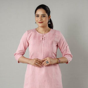 Baby Pink Plain Jhiri Handloom Cotton Pintuck Long Straight Kurta