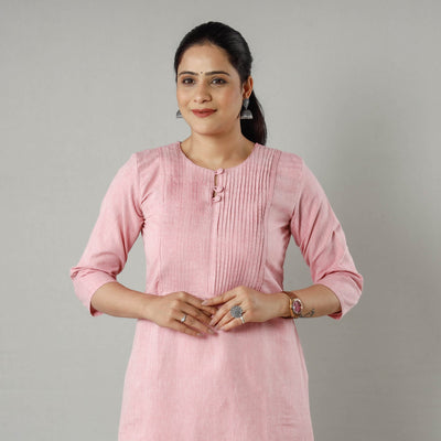 Baby Pink Plain Jhiri Handloom Cotton Pintuck Long Straight Kurta