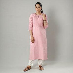 Baby Pink Plain Jhiri Handloom Cotton Pintuck Long Straight Kurta