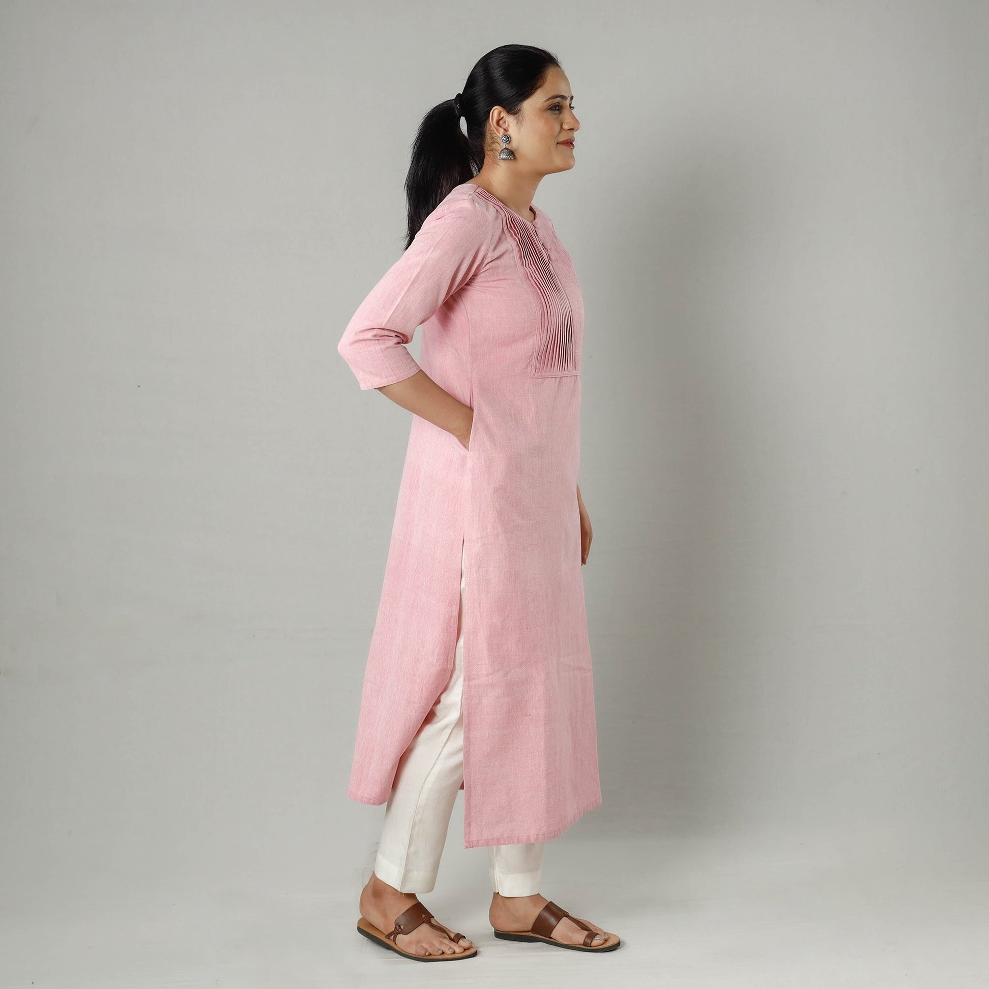 Baby Pink Plain Jhiri Handloom Cotton Pintuck Long Straight Kurta