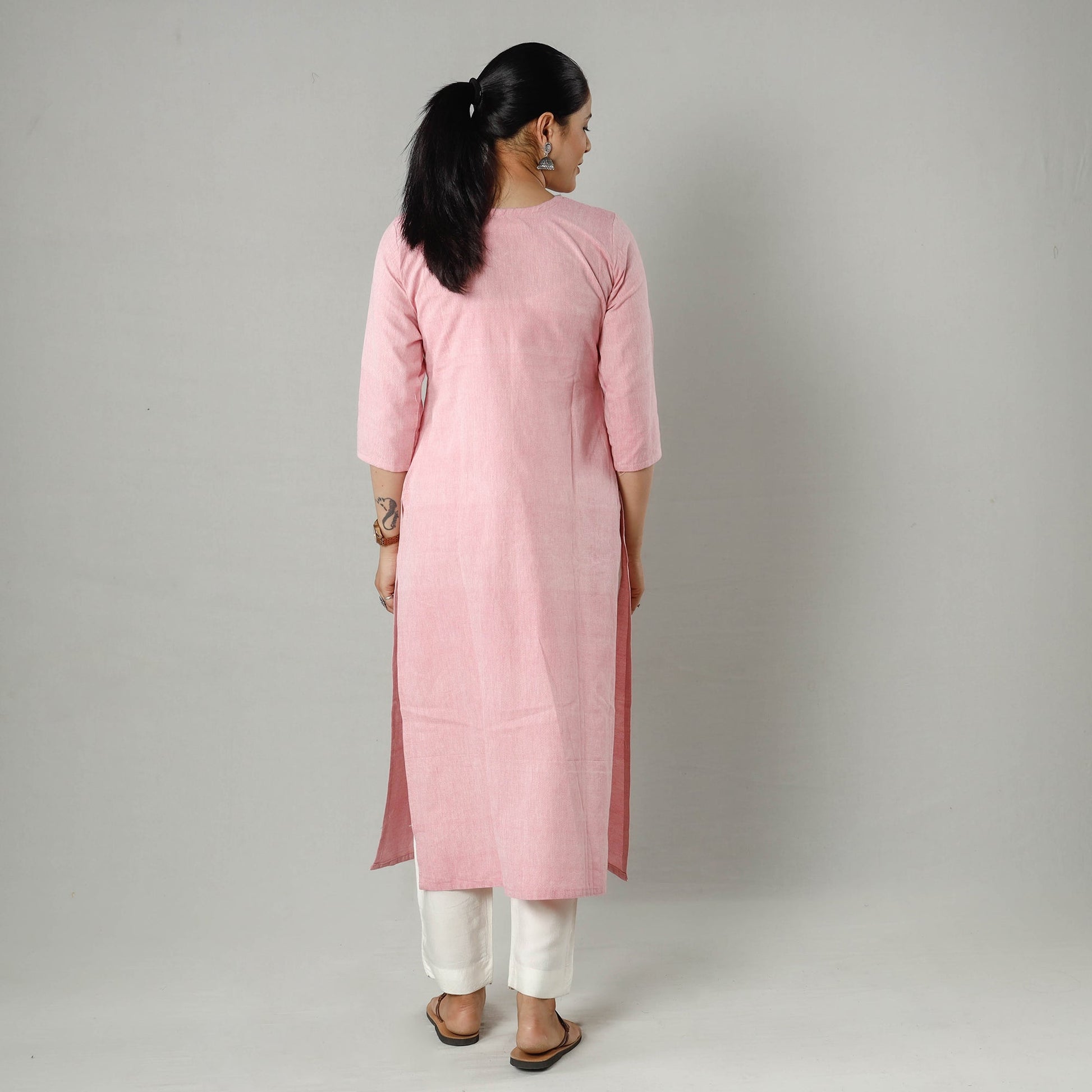 Baby Pink Plain Jhiri Handloom Cotton Pintuck Long Straight Kurta