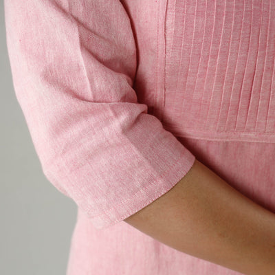 Baby Pink Plain Jhiri Handloom Cotton Pintuck Long Straight Kurta
