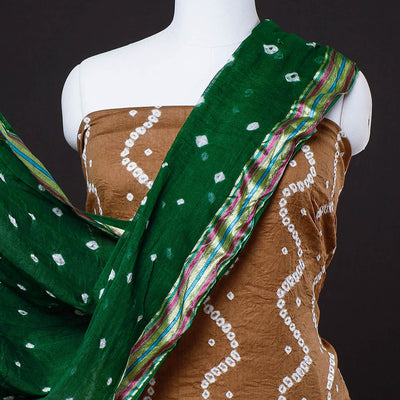 Brown - 3pc Kutch Bandhani Tie-Dye Cotton Suit Material Set