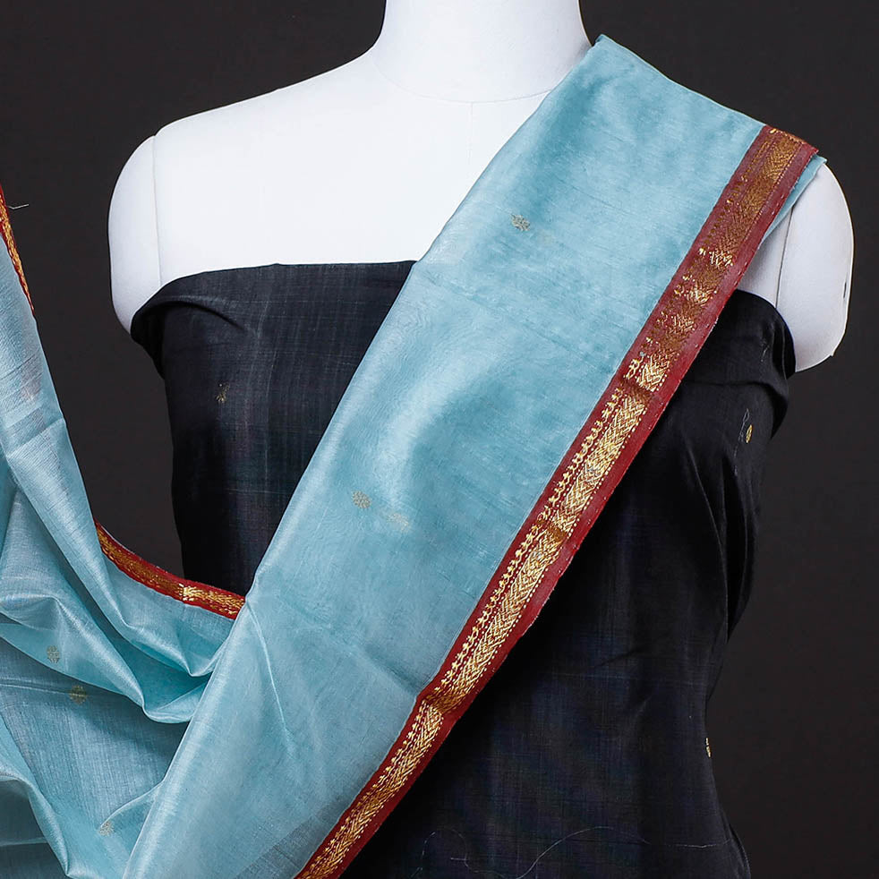 Black - 3pc Chanderi Silk Handloom Nakshi Zari Suit Material Set