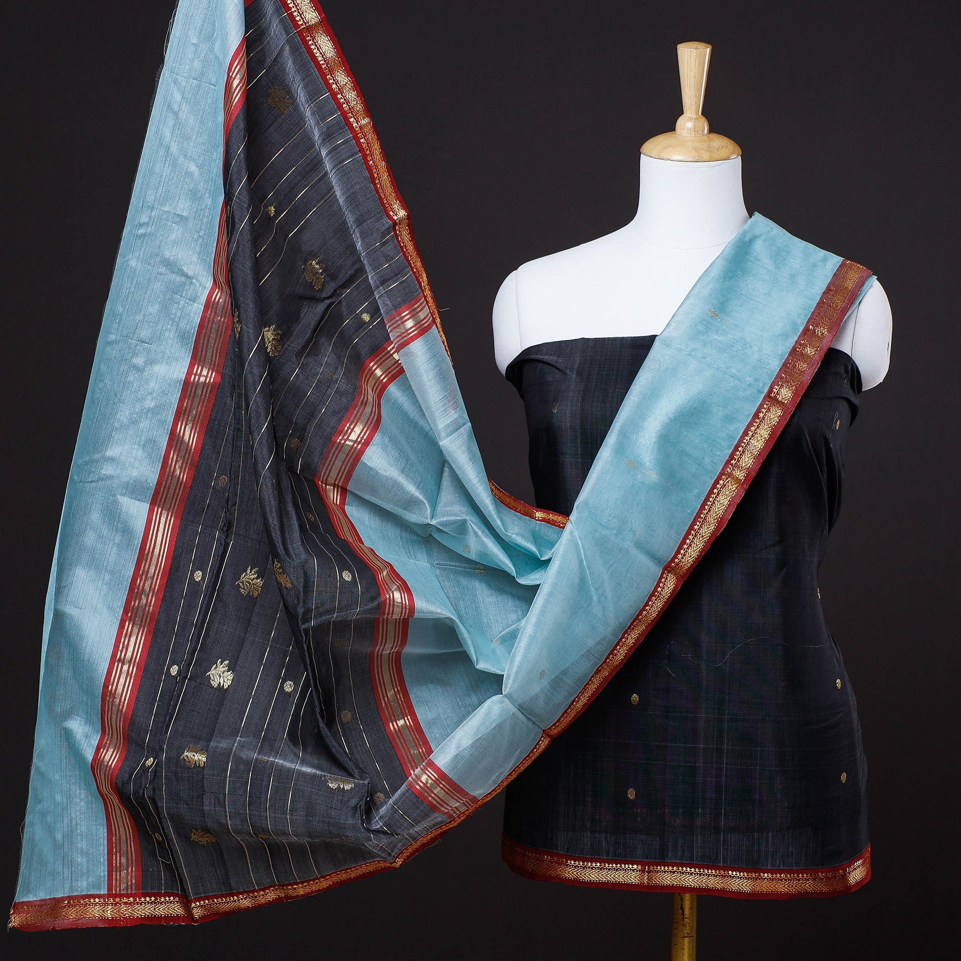 Black - 3pc Chanderi Silk Handloom Nakshi Zari Suit Material Set