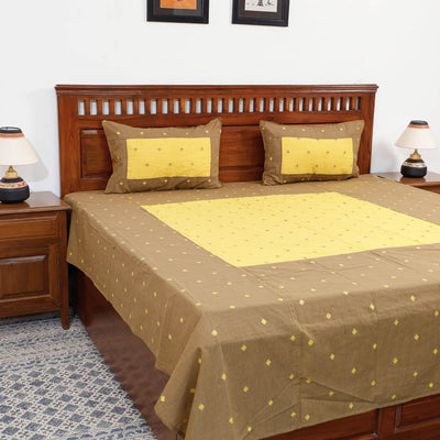 Brown - Jacquard Patchwork Cotton Double Bed Cover with Pillow Covers (106 x 83 in)