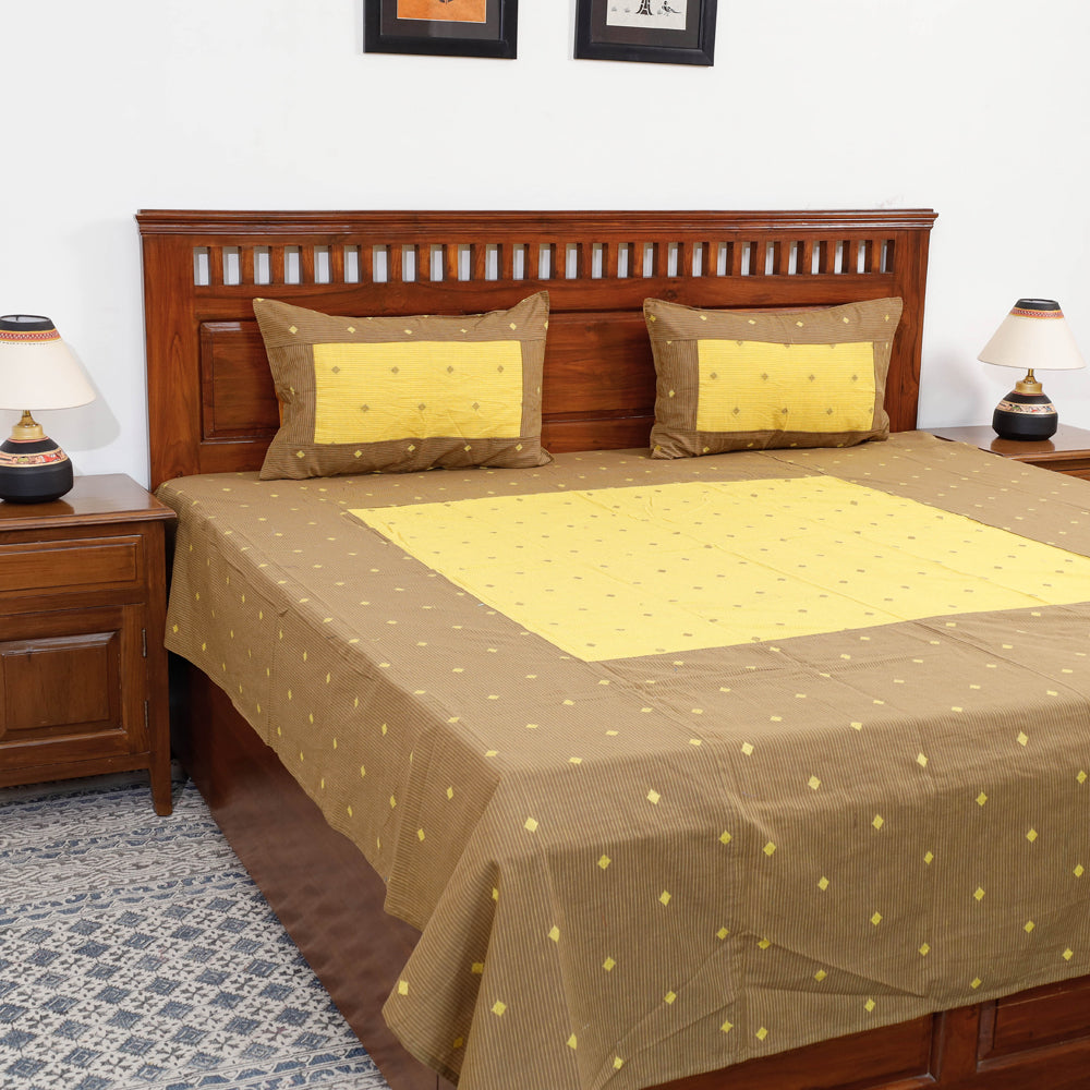 Brown - Jacquard Patchwork Cotton Double Bed Cover with Pillow Covers (106 x 83 in)