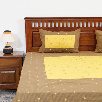 Brown - Jacquard Patchwork Cotton Double Bed Cover with Pillow Covers (106 x 83 in)