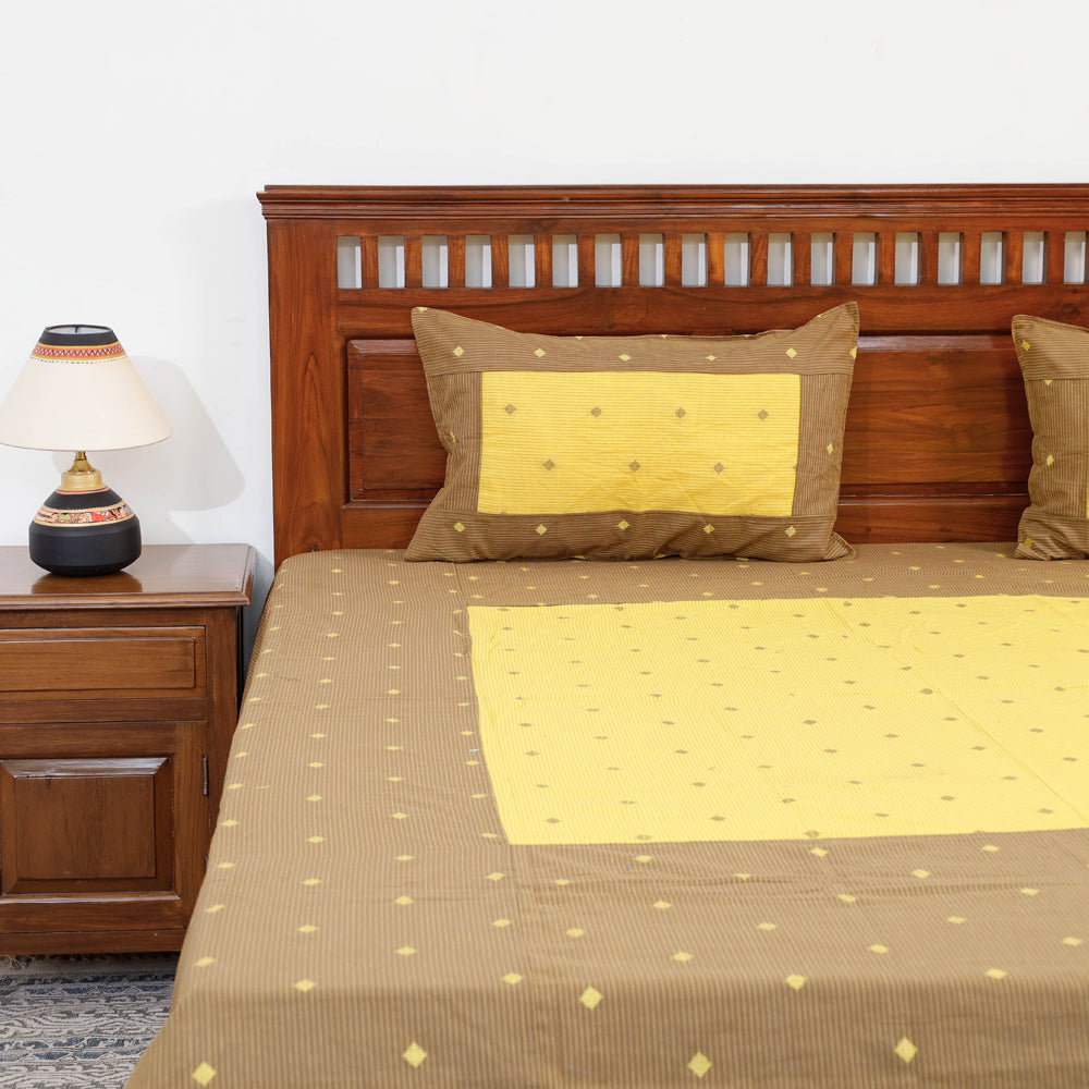 Brown - Jacquard Patchwork Cotton Double Bed Cover with Pillow Covers (106 x 83 in)