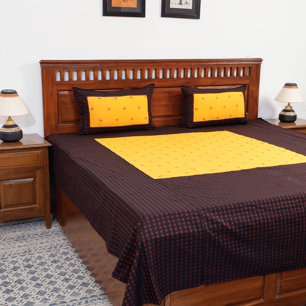 Black - Jacquard Patchwork Cotton Double Bed Cover with Pillow Covers (106 x 83 in)