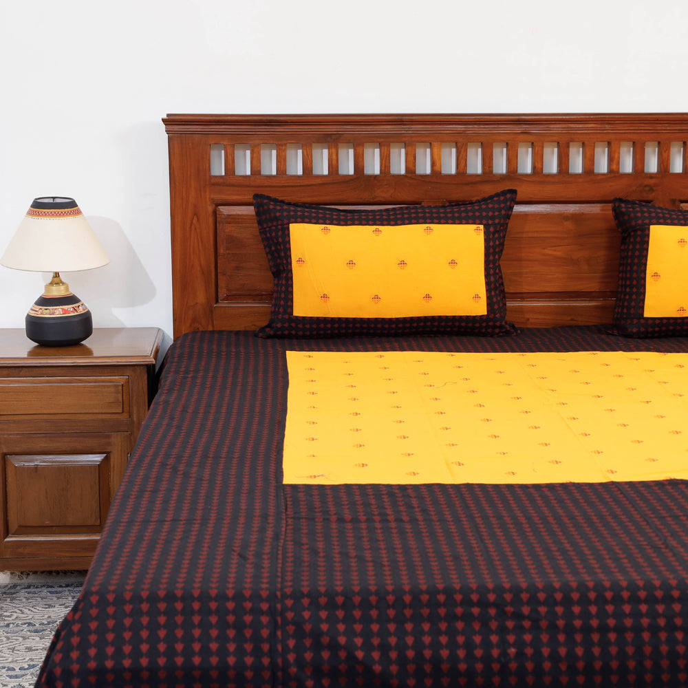 Black - Jacquard Patchwork Cotton Double Bed Cover with Pillow Covers (106 x 83 in)