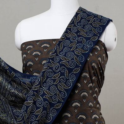 Brown - 3pc Ajrakh Block Printed Cotton Suit Material Set