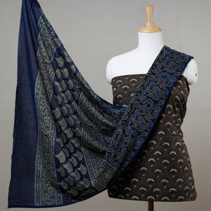 Brown - 3pc Ajrakh Block Printed Cotton Suit Material Set