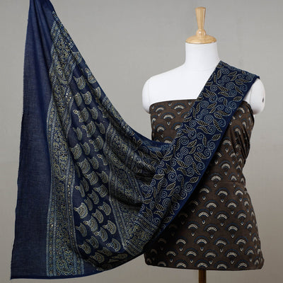 Brown - 3pc Ajrakh Block Printed Cotton Suit Material Set