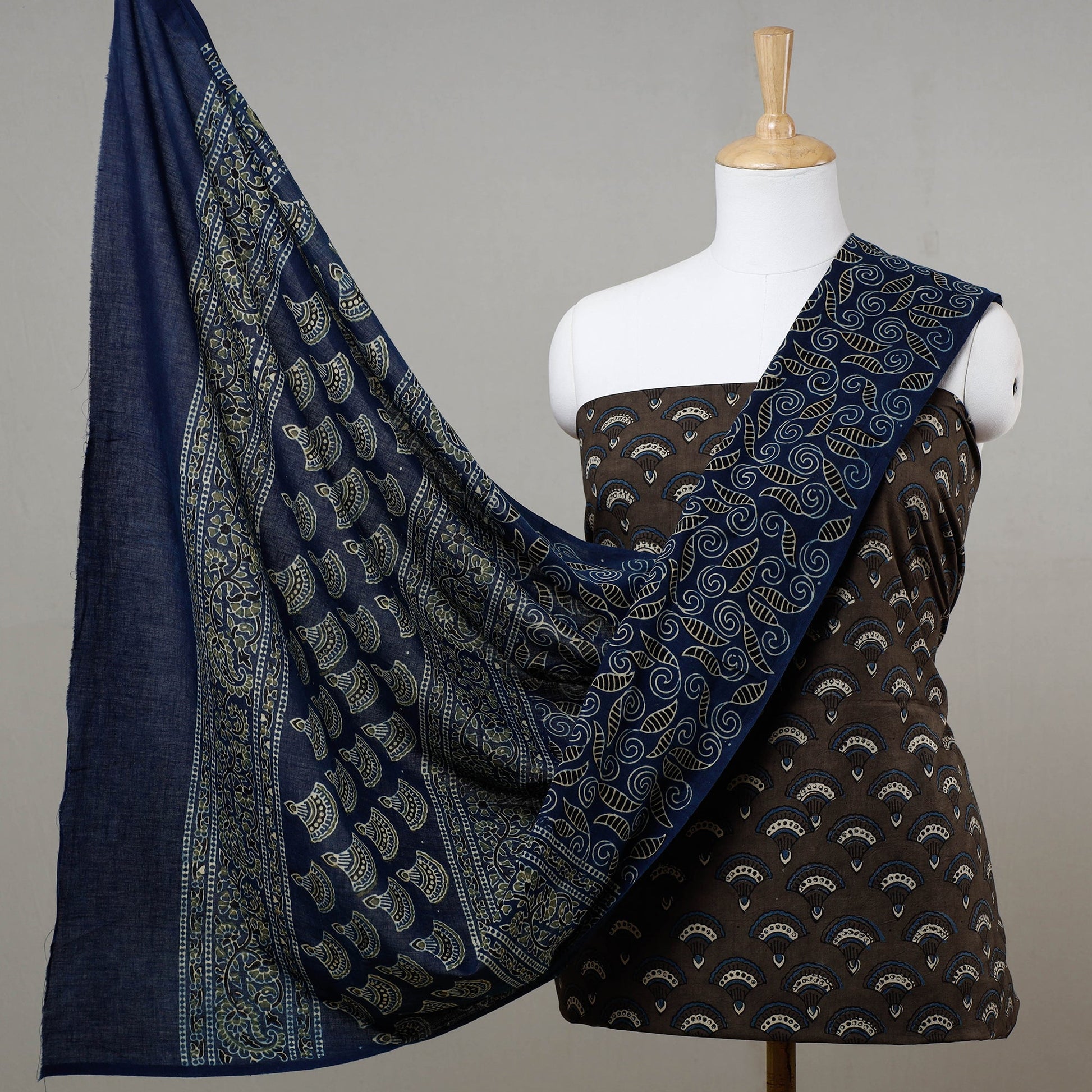 Brown - 3pc Ajrakh Block Printed Cotton Suit Material Set