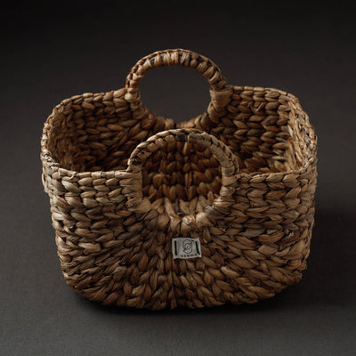 Brown - Handcrafted Organic Water Hyacinth Bamboo Handle Basket Medium (8.5 x 6 in)