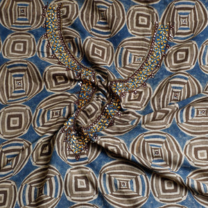 Blue - Bead Work Embroidery Ajrakh Print Cotton Kurta Material - 2.5 meters