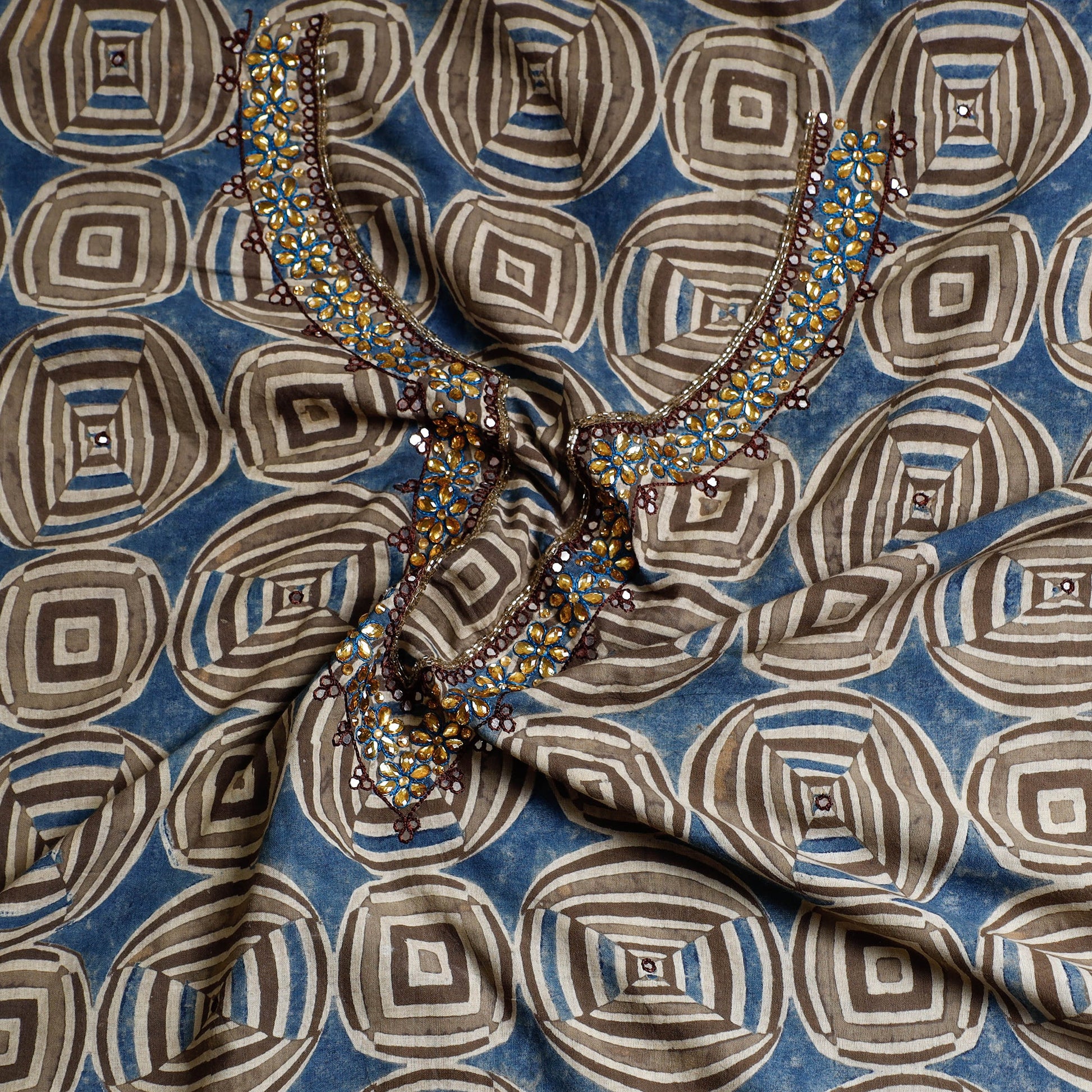Blue - Bead Work Embroidery Ajrakh Print Cotton Kurta Material - 2.5 meters