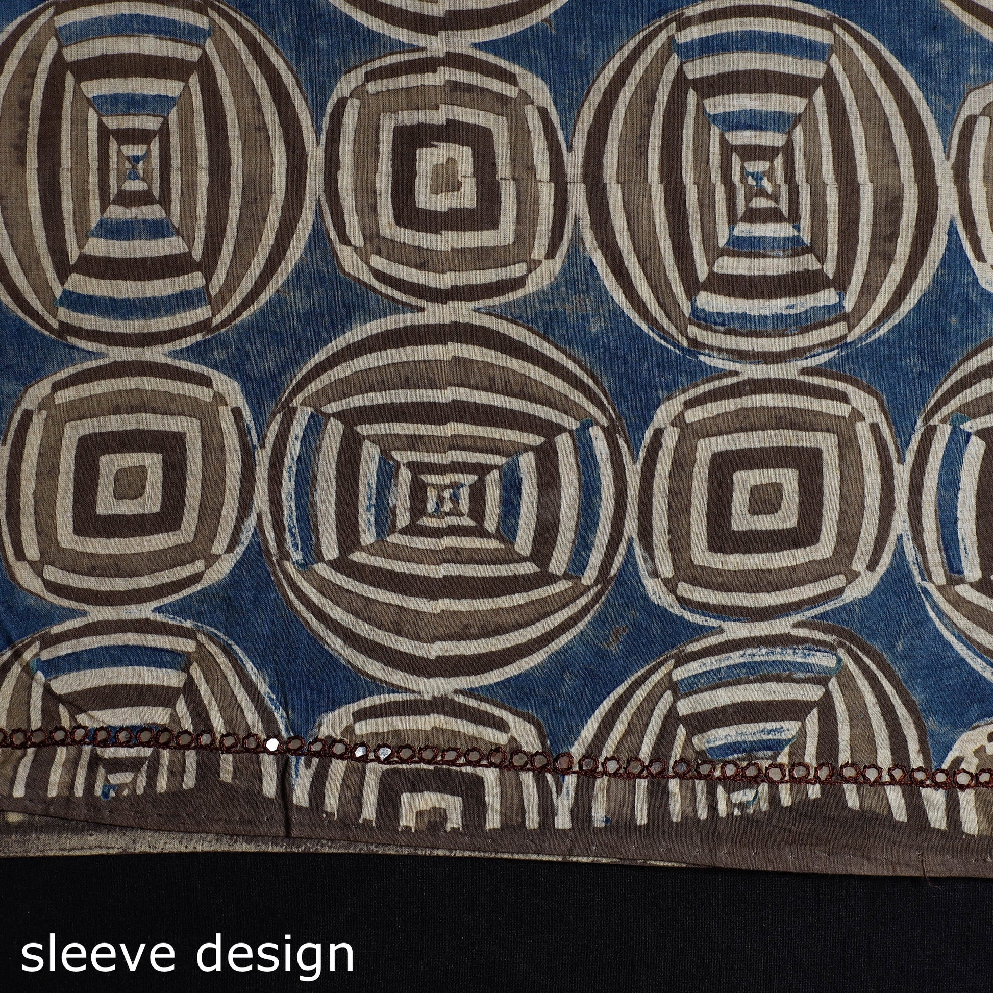 Blue - Bead Work Embroidery Ajrakh Print Cotton Kurta Material - 2.5 meters