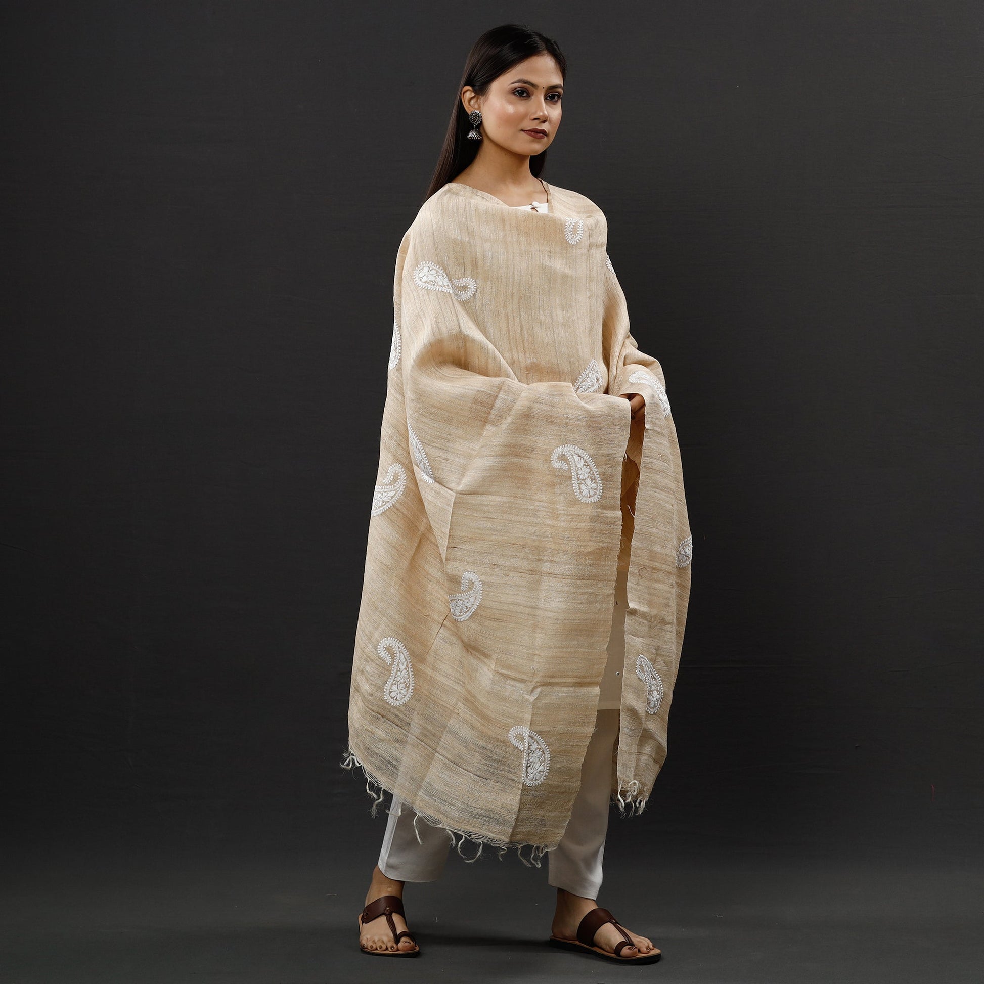 Brown - Lucknow Chikankari Heavy Hand Embroidery Ghicha Silk Dupatta