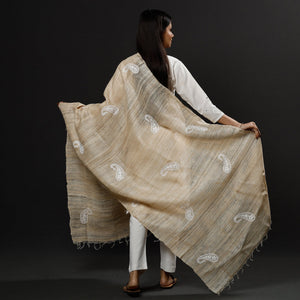 Brown - Lucknow Chikankari Heavy Hand Embroidery Ghicha Silk Dupatta