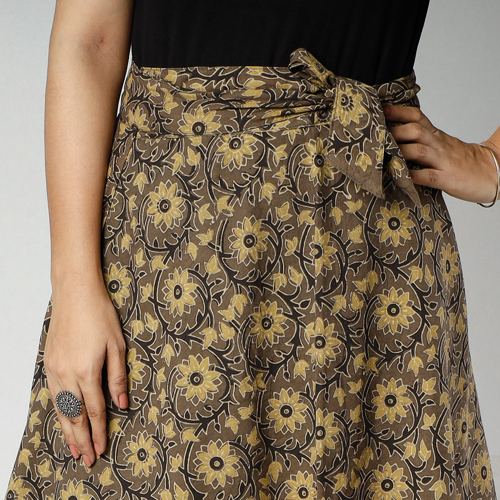 Brown - Ajrakh Block Printed Cotton Wrap Around Skirt