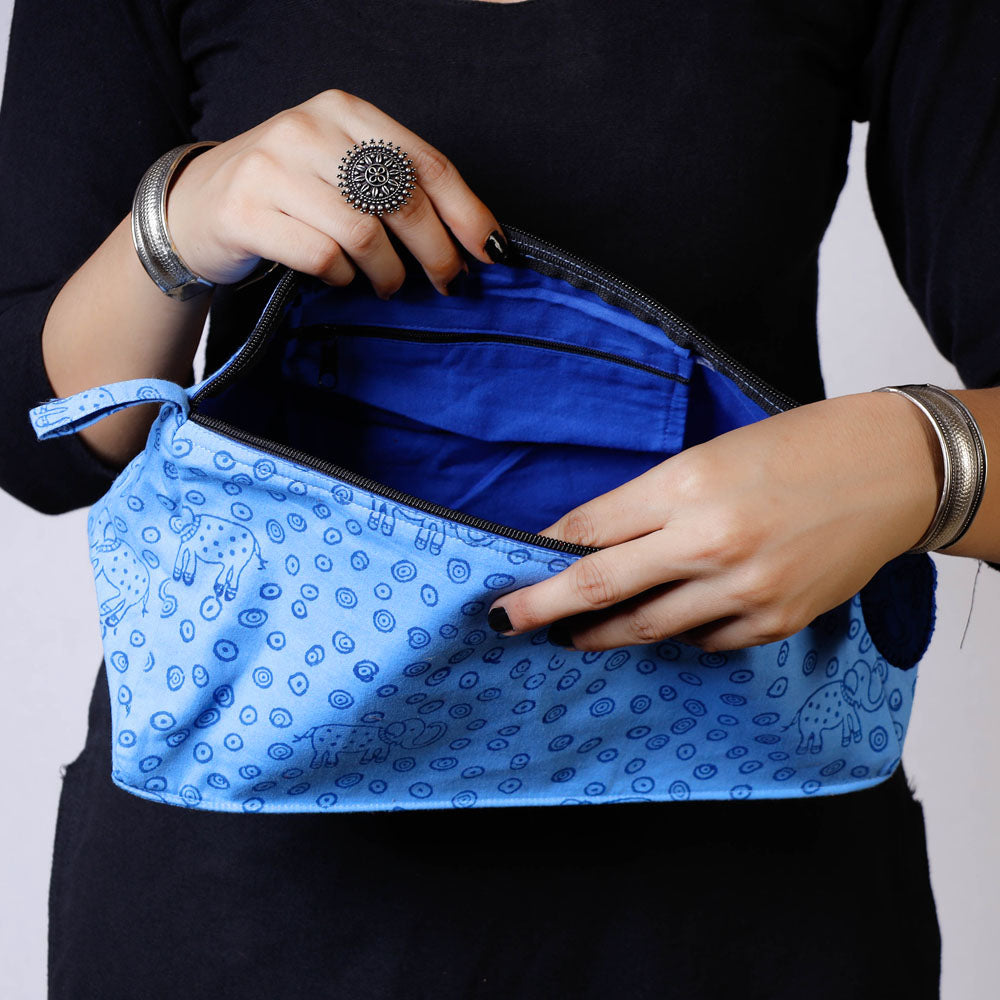 Blue - Hand Block Print Cotton Toilet Pouch
