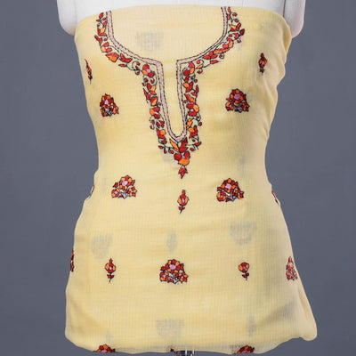 Beige - Kashidakari Hand Embroidery Handloom Kota Doria Kurta  Material - 2.6 M