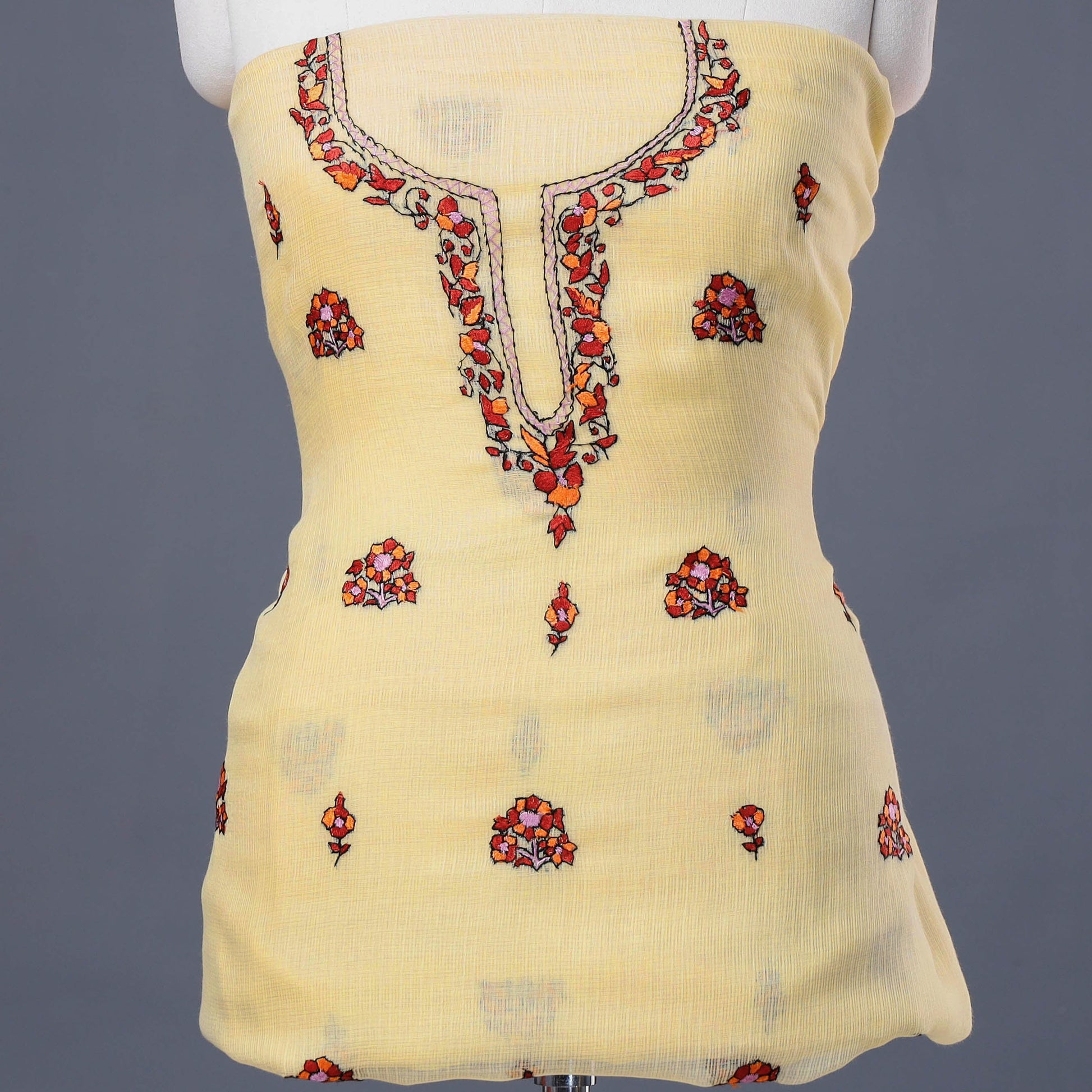 Beige - Kashidakari Hand Embroidery Handloom Kota Doria Kurta  Material - 2.6 M