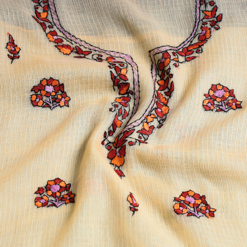 Beige - Kashidakari Hand Embroidery Handloom Kota Doria Kurta  Material - 2.6 M