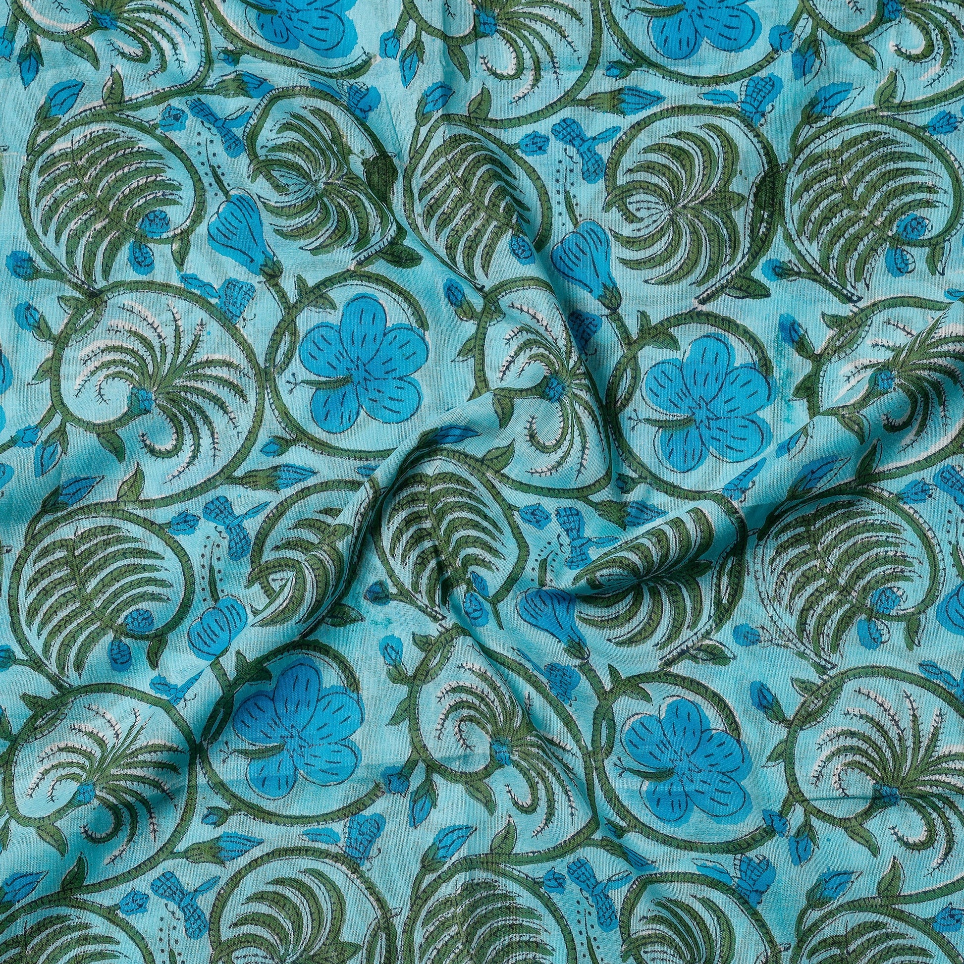 Blue -  - Sanganeri Block Printed Cotton Precut Fabric (1.6 meter)