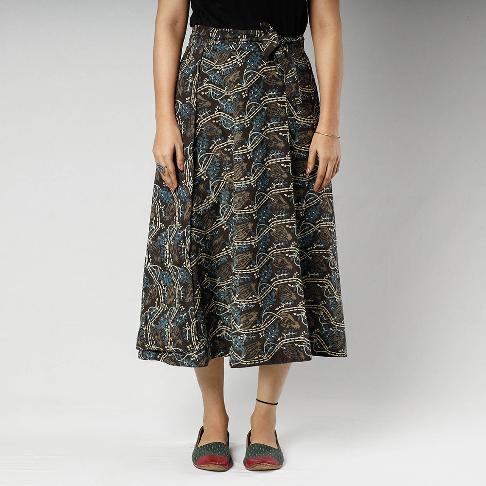 Brown - Ajrakh Block Printed Cotton Wrap Around Skirt