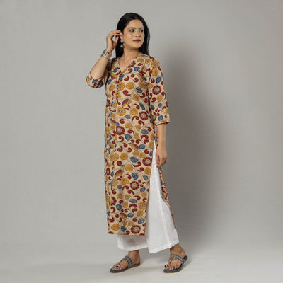 Beige -  Kalamkari Printed Cotton Kurta